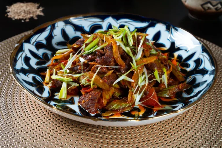 Stir fried beef with scallions on a patterned plate