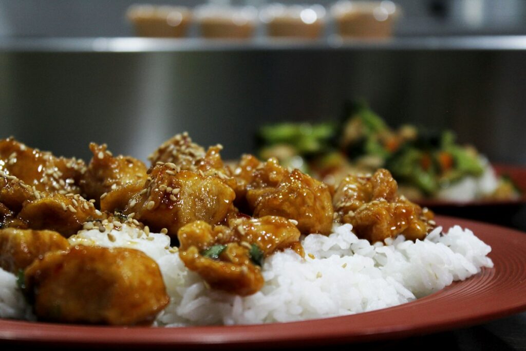 Crispy glazed chicken with white rice