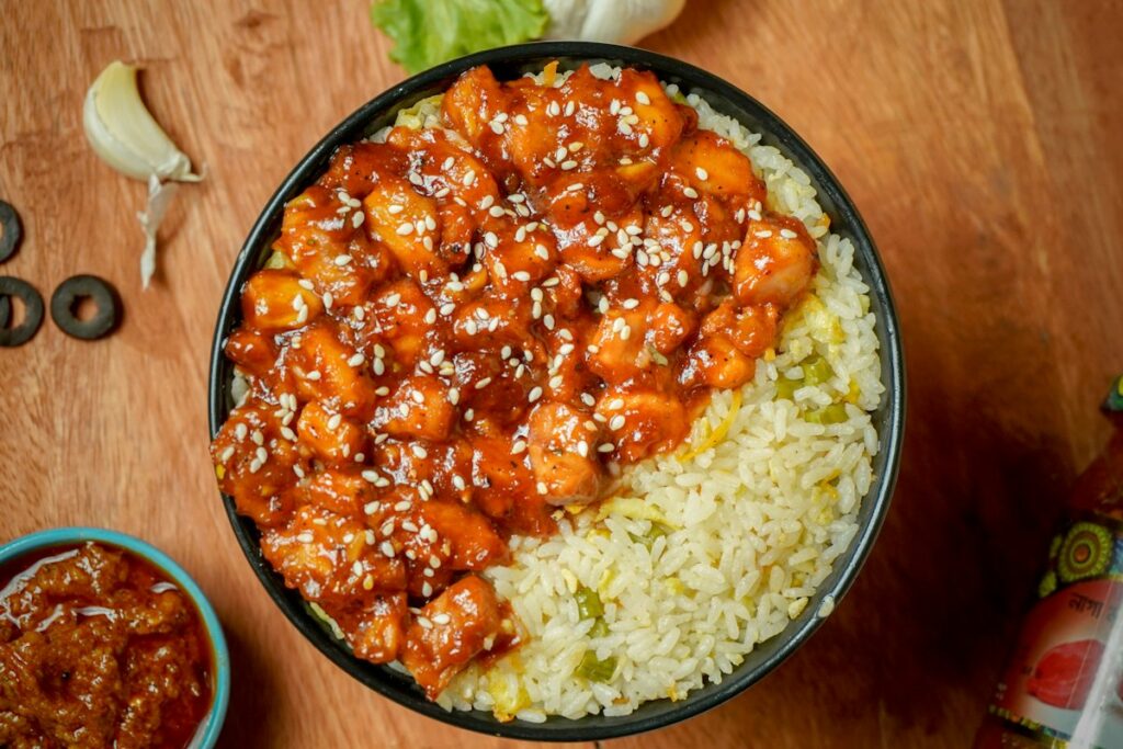 Sesame chicken over rice