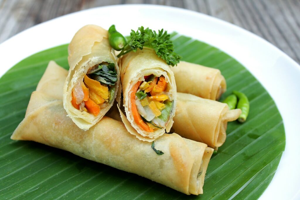 Spring rolls on a banana leaf
